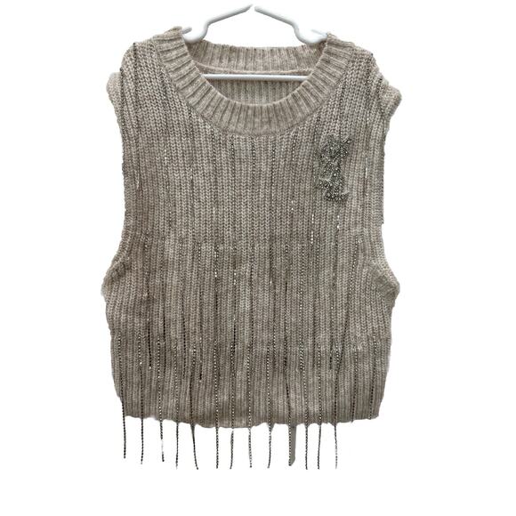 Saint Laurent Tops - Women's Saint Laurent Cream Diamond Detail Short Sleeve Sweater Top Size S